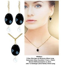 Pendientes ónix facetados + perla barroca maciza oro 333, 8K, o colgante (53