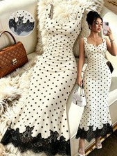Elegante Vestido Bodycon Mujer Estampado Punto y Volantes Escote