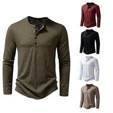 Camisa Para Hombre Algodón Cuello Henley Camisetas Manga Larga Informal Botón Liso