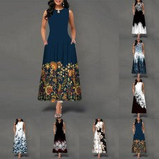 Mode Frauenkleid Lange Kleider Urlaub Ärmellos Blumenmuster Böhmen Dauerhaft