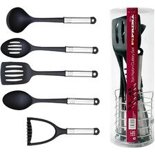 Juego de utensilios de cocina de nailon de 7 piezas con asas cromadas, soporte para utensilios y estante colgante
