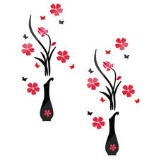 2 Piezas Pegatinas de Pared Acrílicas Rojas 3D Patrón Flor Decoración para Oficina en Hogar