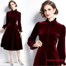 Vestido de fiesta para mujer de terciopelo azul vino mangas largas cuello banda volantes moda