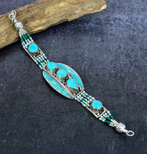 Pulsera nepalí joyería plata esterlina 925 hecha a mano con piedras preciosas turquesa azul