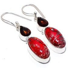 Cuarzo rutilo rojo, granate piedras preciosas 925 pendientes de joyería de...