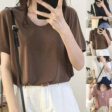 Camiseta de verano suelta mujer monocromática cuello en V manga corta ocio moda superior