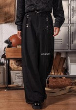 Pantalones largos sueltos de pierna ancha con hebilla de metal de diseño retro japonés estilo chino para hombre