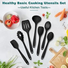 Juego de 7 utensilios de cocina de silicona, herramientas antiadherentes de cocina negras cuchara giratoria spa