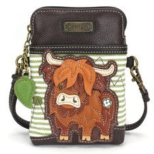 Bolso Bandolera para Teléfono Celular Chala * Vaca Highland / Rayas Verdes * 827HC7S ** NUEVO