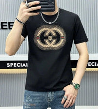 Nueva Camiseta Hombre Lujo Diamante Estrás Negro Blanco Alta Calidad