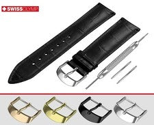 Correa de reloj de cuero genuino negro para HOMBRE Y MUJER para cierre de hebilla + pasadores
