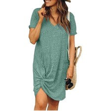 Vestido De Camiseta Mujer Moda Verano Manga Corta Cuello V Casual Vestido Verde