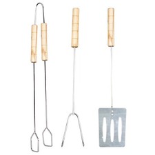 Juego de herramientas para parrilla de barbacoa 3 - Pieza de acero con asas de madera - Pinzas, tenedor, espátula