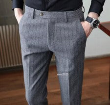 Pantalones de traje retro informales a rayas de mezcla de lana estilo británico para hombre