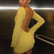 Sexy Vestido Corto Para Mujer Moda Tendencia Informal Amarillo Mangas Largas Sin Espalda Nuevo