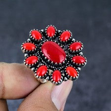 Anillo de joyería de plata de ley 925 hecho a mano con piedras preciosas de coral rojo tamaño 8,5 Q521