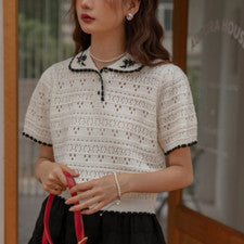 Camiseta Top Mujer Moda Elegante Retro Tejida Manga Corta Simple Solapa Hueca