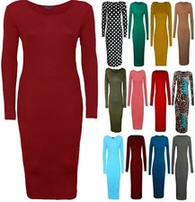 Maxi vestido midi liso ceñido al cuerpo de manga larga elástico para mujer Reino Unido 8-26