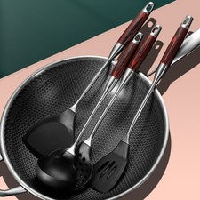 Juego de utensilios de cocina de silicona 304 con mango de madera 16,45 pulgadas