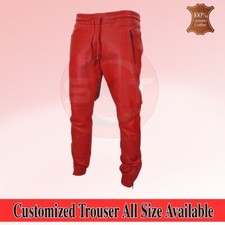 Pantalones de chándal rojos suaves de cuero genuino para hombre Pantalones de correr Cremallera Estilo clásico