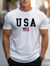 Elegante Camiseta EE. UU. Para Hombres Cuello Redondo Estampado Patriótico Manga Corta Transpirable Blanca