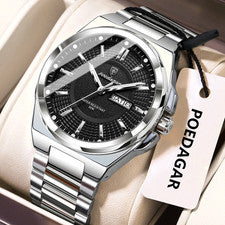 43MM POEDAGAR Reloj Cuarzo Día-Fecha Hombre Inoxidable 30M Impermeable Luminoso NUEVO