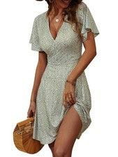 Mujer Vestido Verano Estampado Floral, Manga Corta, Aspecto Envolvente, Escote en V9514