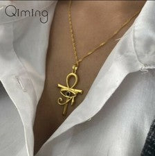 Mujer Moda Joyería Color Dorado Antiguo Mal de Ojo Cruz Ankh Collar 86-4