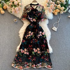 Vestido retro de malla bordado floral para mujer midi manga corta cuello redondo encaje negro