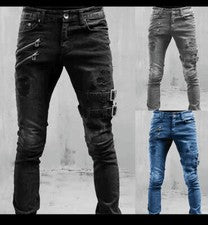 Pantalones de mezclilla informales rasgados ajustados punk con hebilla de motociclista para hombre