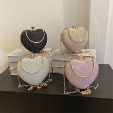 Bolso sin asas de metal con corazón brillante para mujer Bolso de mano de noche Bandolera con cadena al hombro