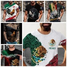 Camiseta Águila Azteca Mexicana Gallo Moda México Hombres Manga Corta Negra Moda