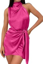 Mujer Moda Satén Sin Mangas Halter Cuello Corbata Cintura Envoltura Bodycon Pequeño