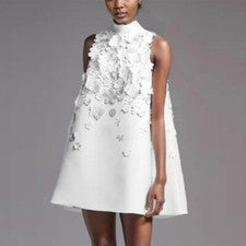 Vestido floral con moño para mujer falda línea A sin mangas cuello alto francés moda