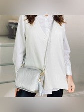 Bolso Bandolera Nuevo con Etiquetas Elie Beaumont London Cuero Plateado Metálico 3 Correas Borla