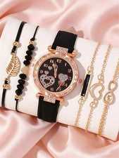 Juego de 6 relojes de cuarzo para mujer, combinados con accesorios en tono dorado