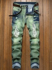 Pantalones de mezclilla deshilachados desgastados para hombre ajustados informales de moda pantalones de mezclilla rasga