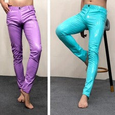 Hombres Pantalones de imitación de cuero metálicos brillantes aspecto húmedo Pantalones ajustados Ropa de club nocturno 