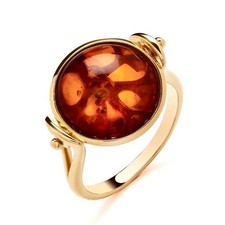 Anillo redondo de oro amarillo de 9 quilates sobre plata ámbar báltico natural coñac de 2 quilates tallas M-Q