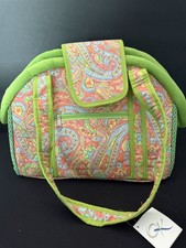 Cartera acolchada QK ~ Bolso de mano ~ Diseño cachemir ~ Verde lima ~ Nueva con etiquetas