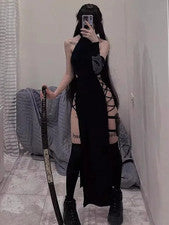 Vestido Goth Dark Cosplay vendaje Y2K Gothic cuello halter negro media pantorrilla SML