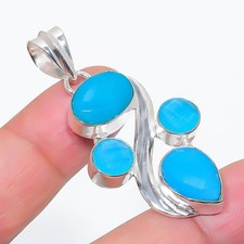Colgante Joyería Plata de Ley 925 Hecho a Mano Piedras Preciosas Turquesa Azul Tamaño 2"