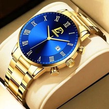Reloj de pulsera analógico de cuarzo para caballeros de acero inoxidable dorado dorado de negocios azul