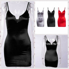 Mini vestido ceñido al cuerpo acanalado sin espalda tirantes espagueti cuello en V satinado de moda para mujer