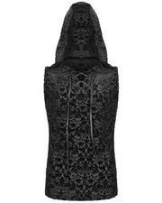 Camiseta sin mangas negra con capucha de malla de terciopelo flocada punk gótica de moda devil para hombre