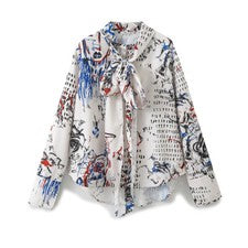 Camisa informal versátil de moda para mujer nueva con lazo decoración camisa estampada top