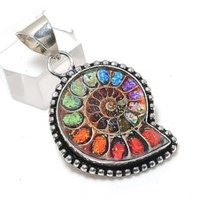 Colgante de joyería de plata de ley 925 hecho a mano con piedras preciosas fósiles de amonita 1,81" p985