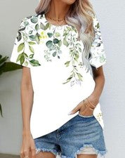 Blusa Camiseta Mujer Tono Claro Hojas Gráfico Moda Manga Corta Sedoso Suave