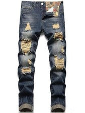 Pantalones de mezclilla desgastados estilo callejero informales calce regular rasgados para hombre