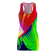 Vestido para mujer espalda cruzada estampado futurista neón tropical naturaleza colorido